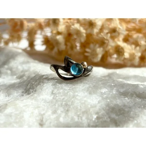 London Blue Topaz Ocean Drop 14k Accents Sterling Silver 925 Vintage Ring - sz 5